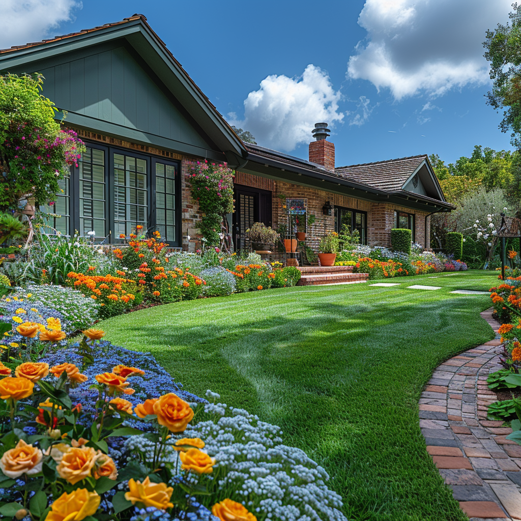 A well-maintained East Bay lawn bordered by rose and flower beds